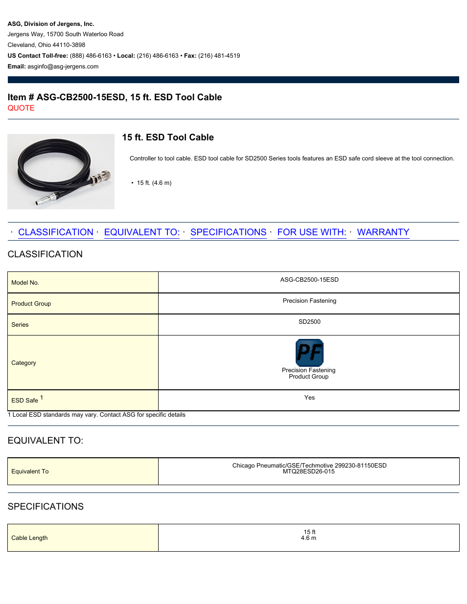 ASG Jergens ASG-CB2500-15ESD Tool Cable User Manual | 2 pages