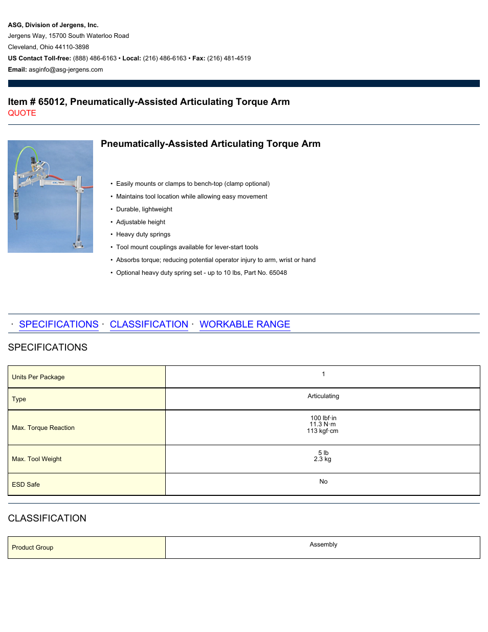 ASG Jergens 65012 Pneumatically-Assisted Articulating Torque Arm User Manual | 2 pages