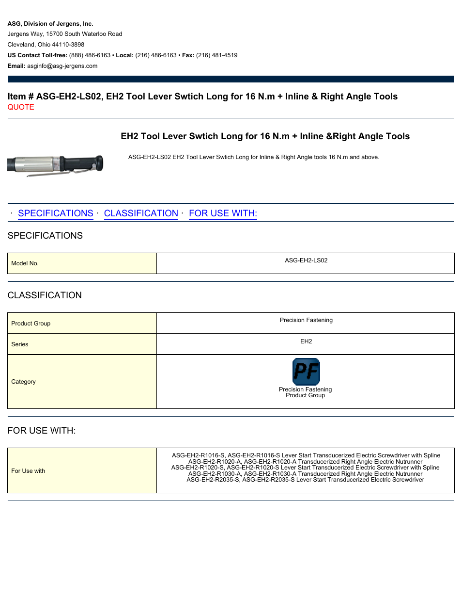 ASG Jergens ASG-EH2-LS02 EH2 Tool Lever Swtich Long User Manual | 1 page