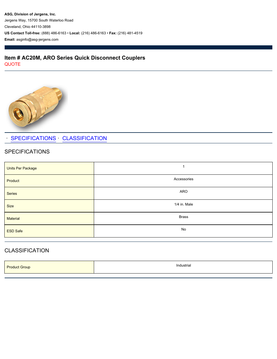 ASG Jergens AC20M ARO Series Quick Disconnect Couplers User Manual | 1 page