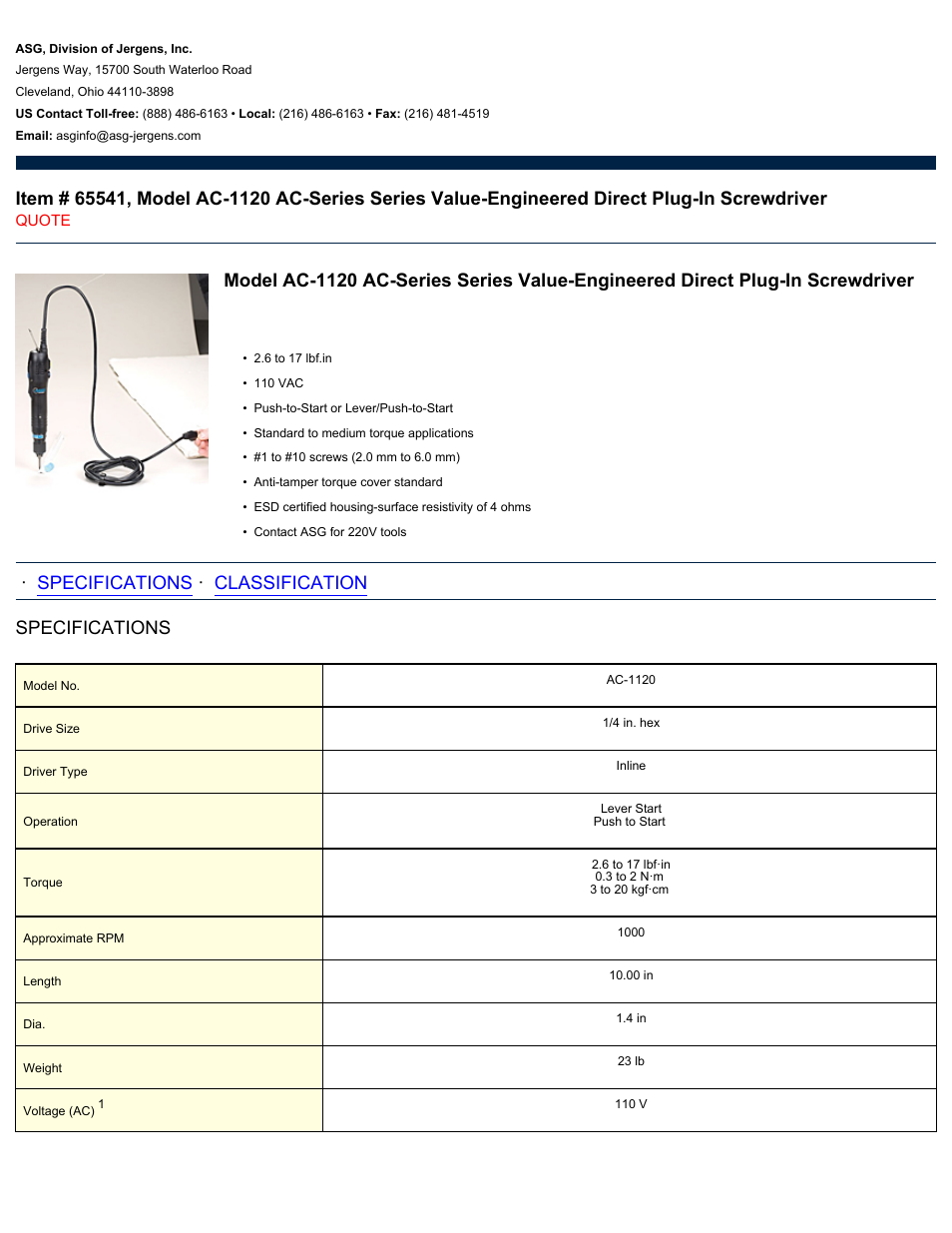 ASG Jergens 65541 AC-1120 User Manual | 2 pages