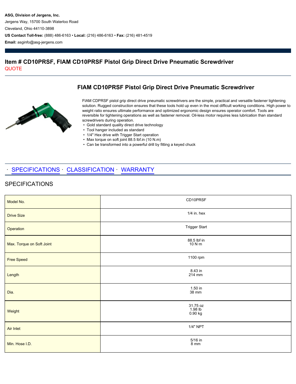 ASG Jergens CD10PRSF User Manual | 2 pages