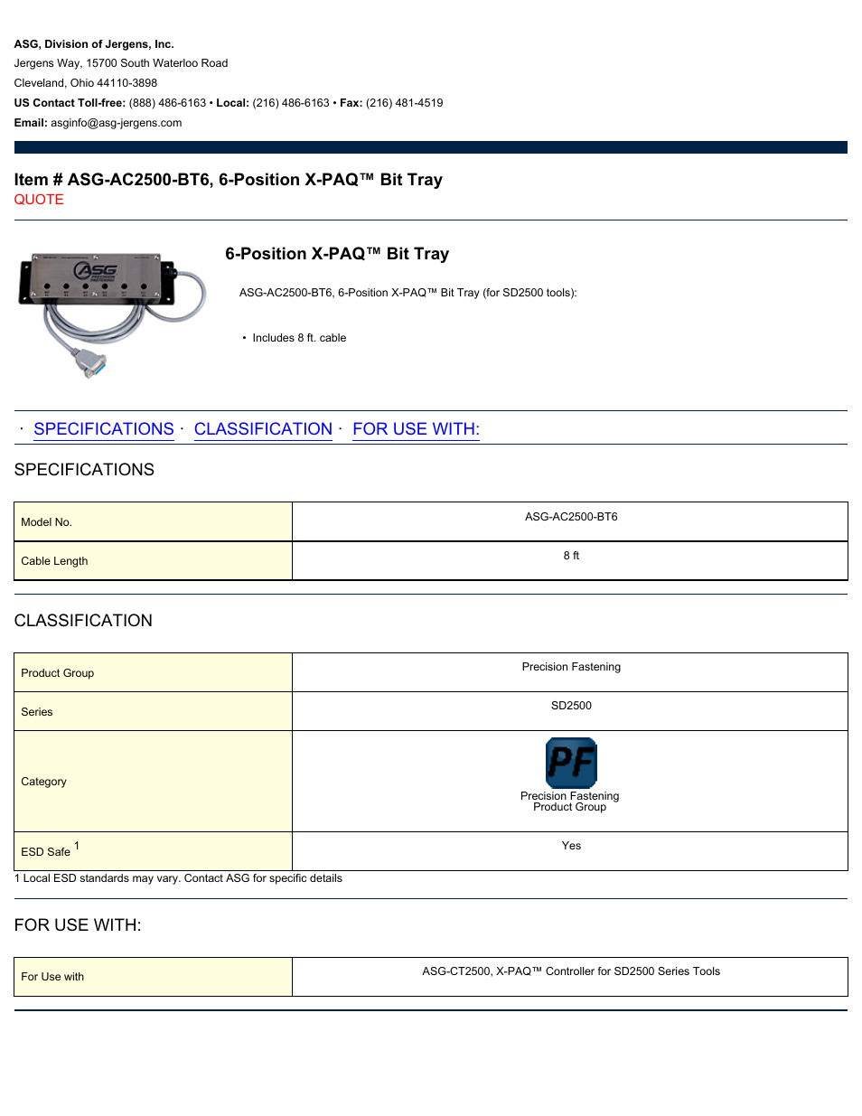 ASG Jergens ASG-AC2500-BT6 Bit Tray User Manual | 1 page