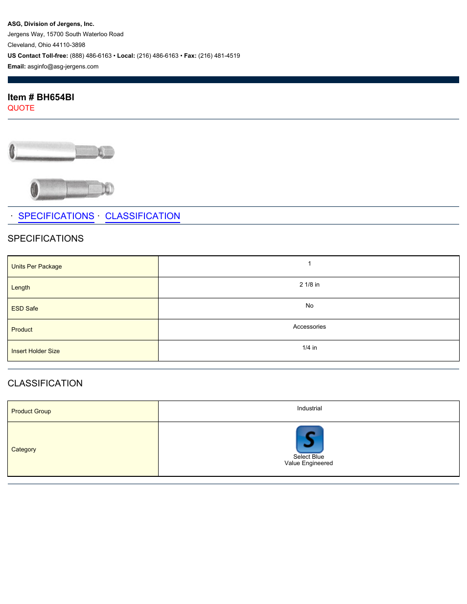 ASG Jergens BH654BI Bit Holder User Manual | 1 page