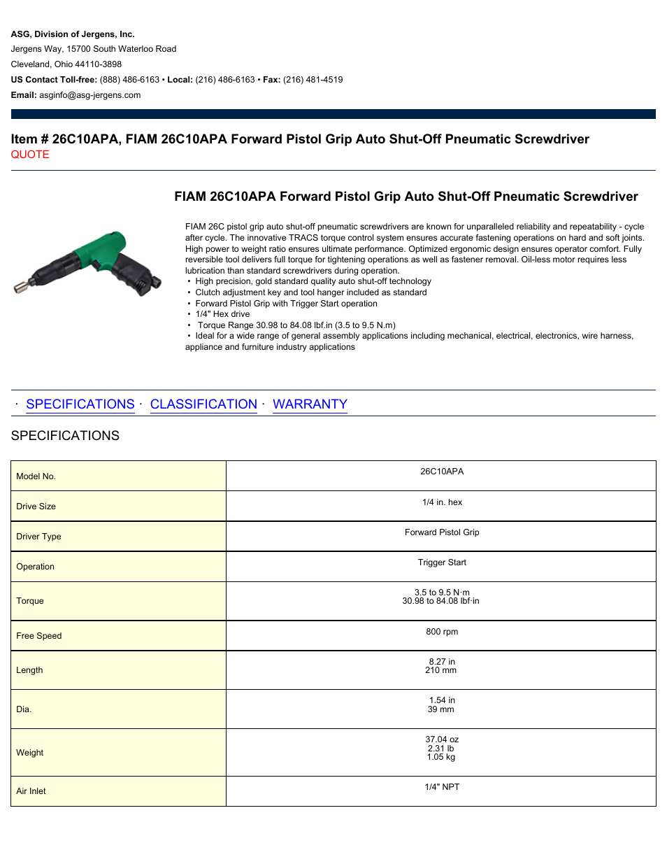 ASG Jergens 26C10APA User Manual | 2 pages