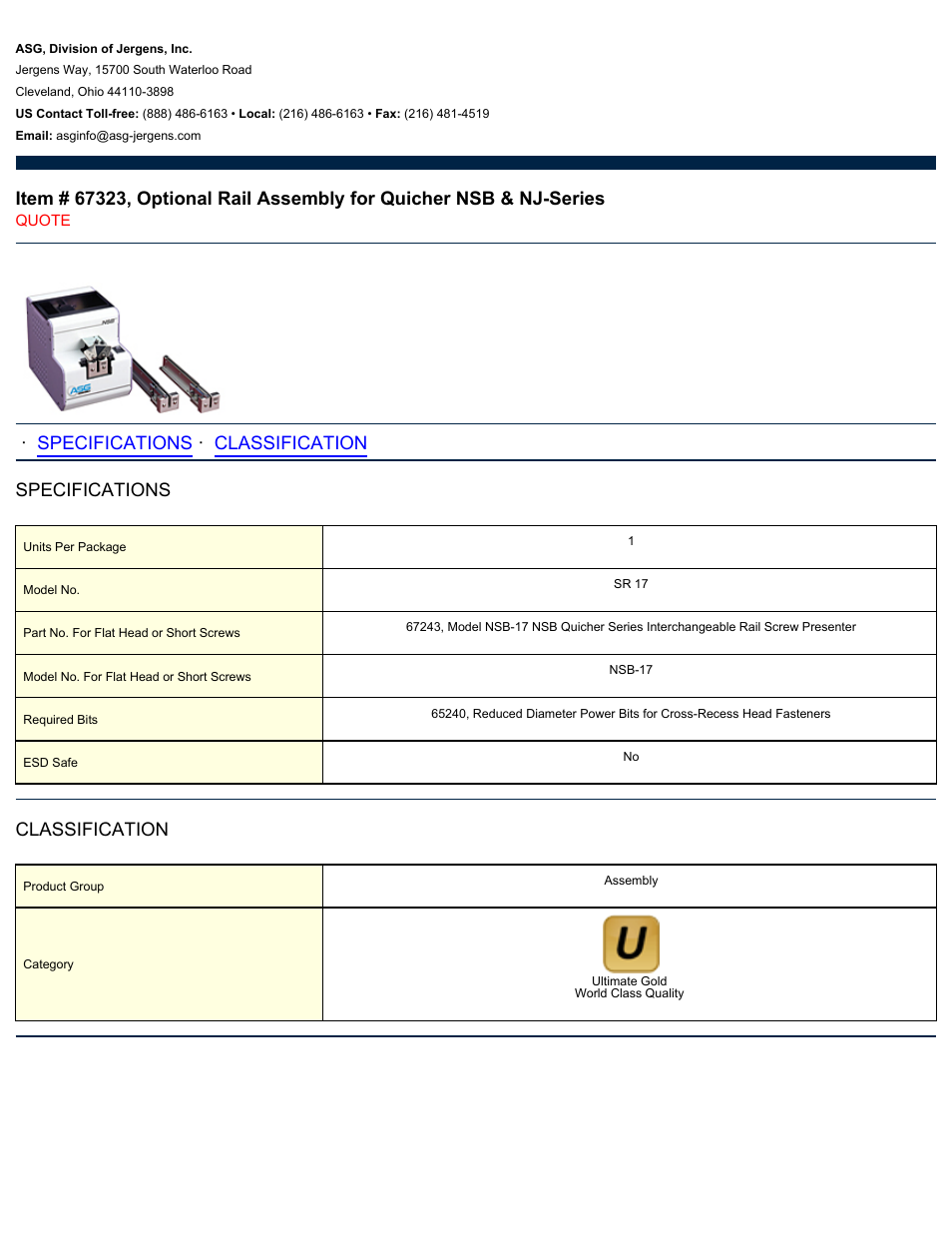 ASG Jergens 67323 Optional Rail Assembly for Quicher NSB & NJ-Series User Manual | 1 page