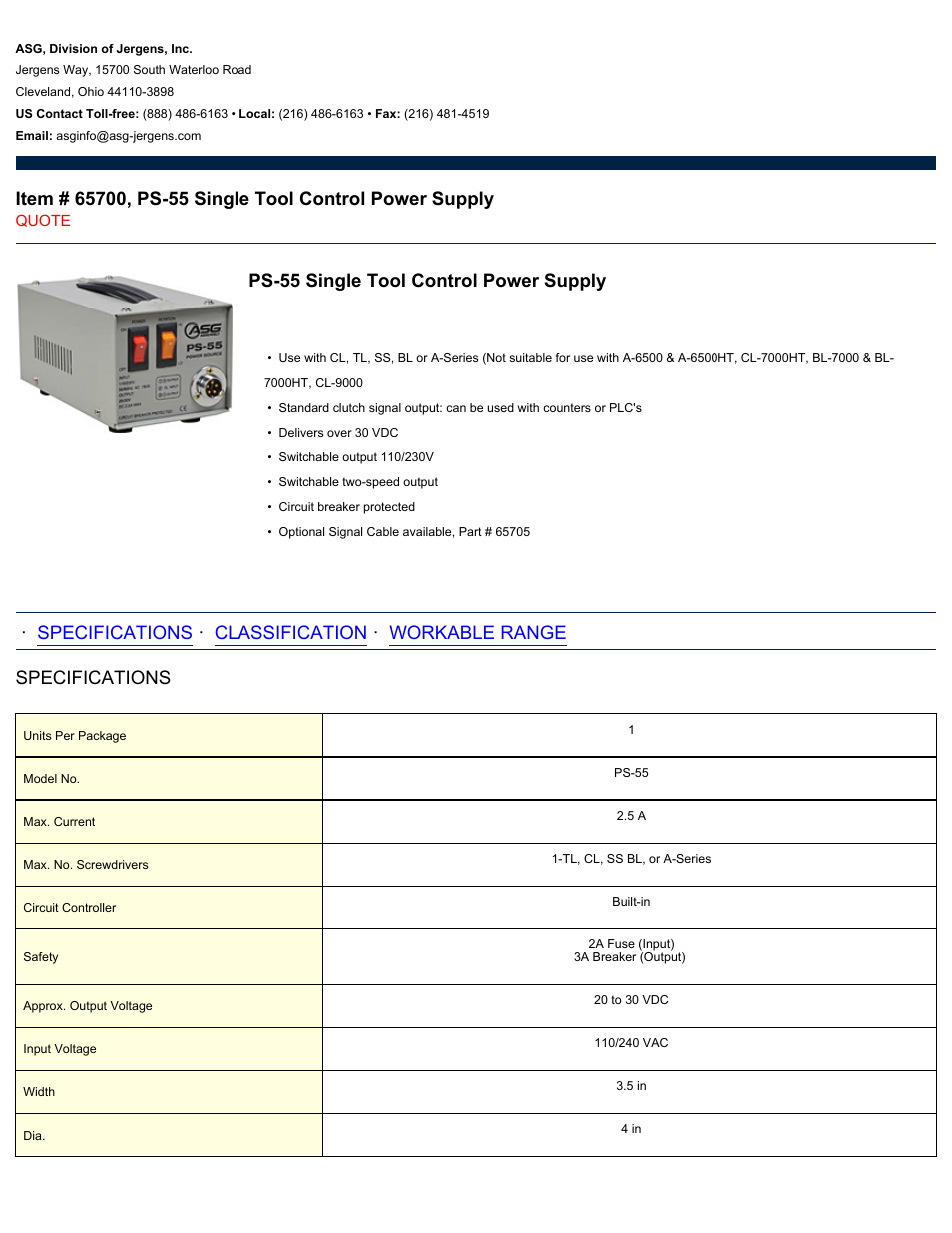 ASG Jergens 65700 PS-55 Single Tool Control Power Supply User Manual | 2 pages