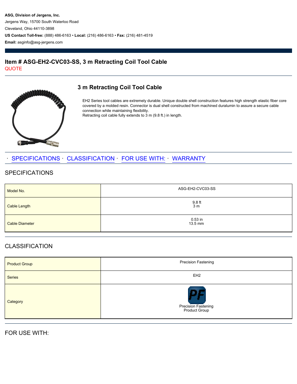 ASG Jergens ASG-EH2-CVC03-SS 3 m Retracting Coil Tool Cable User Manual | 2 pages