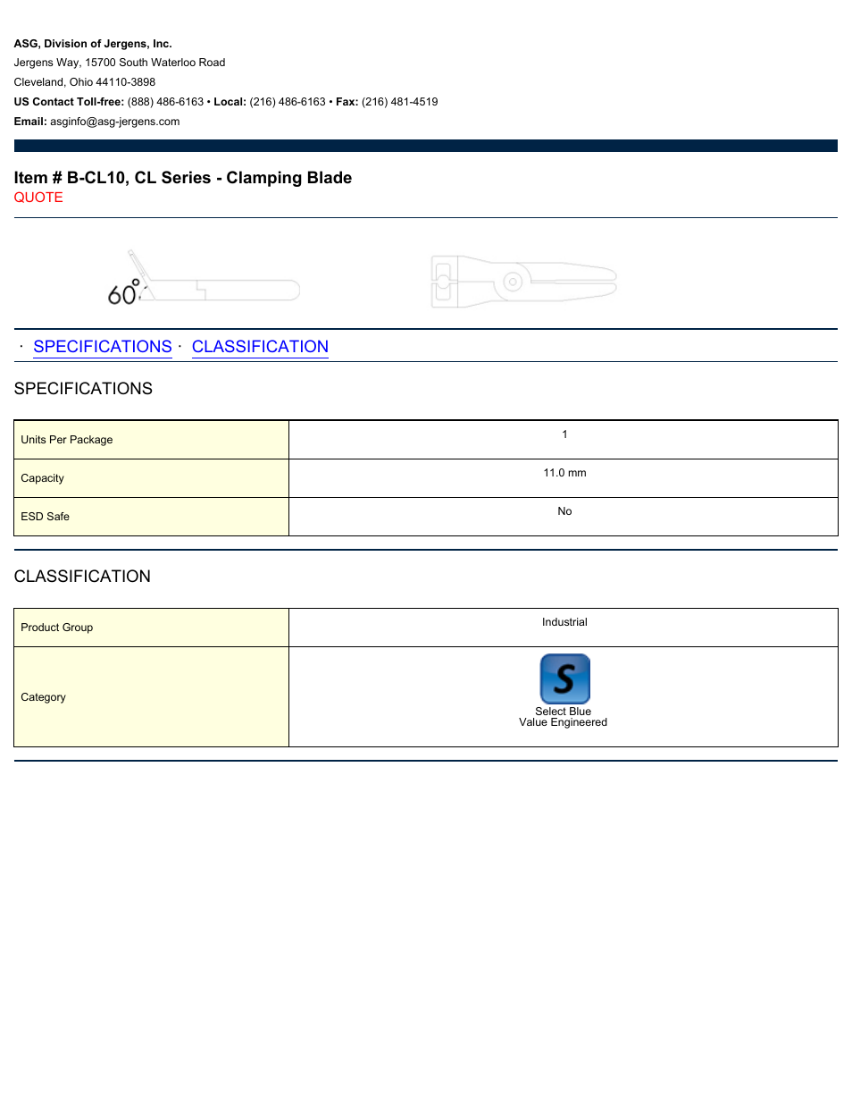 ASG Jergens B-CL10 CL Series - Clamping Blade User Manual | 1 page