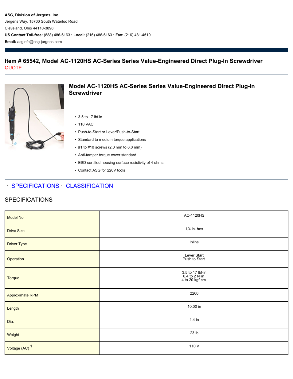 ASG Jergens 65542 AC-1120HS User Manual | 2 pages