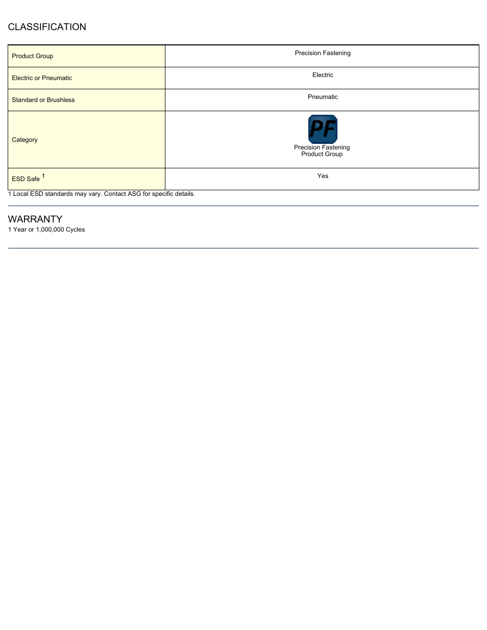 Classification, Warranty | ASG Jergens ASG-SD2500-20FX-SY User Manual | Page 2 / 2