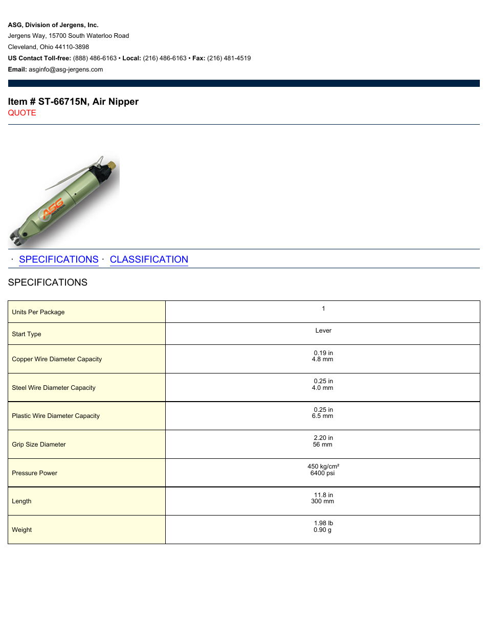 ASG Jergens ST-66715N Air Nipper User Manual | 2 pages