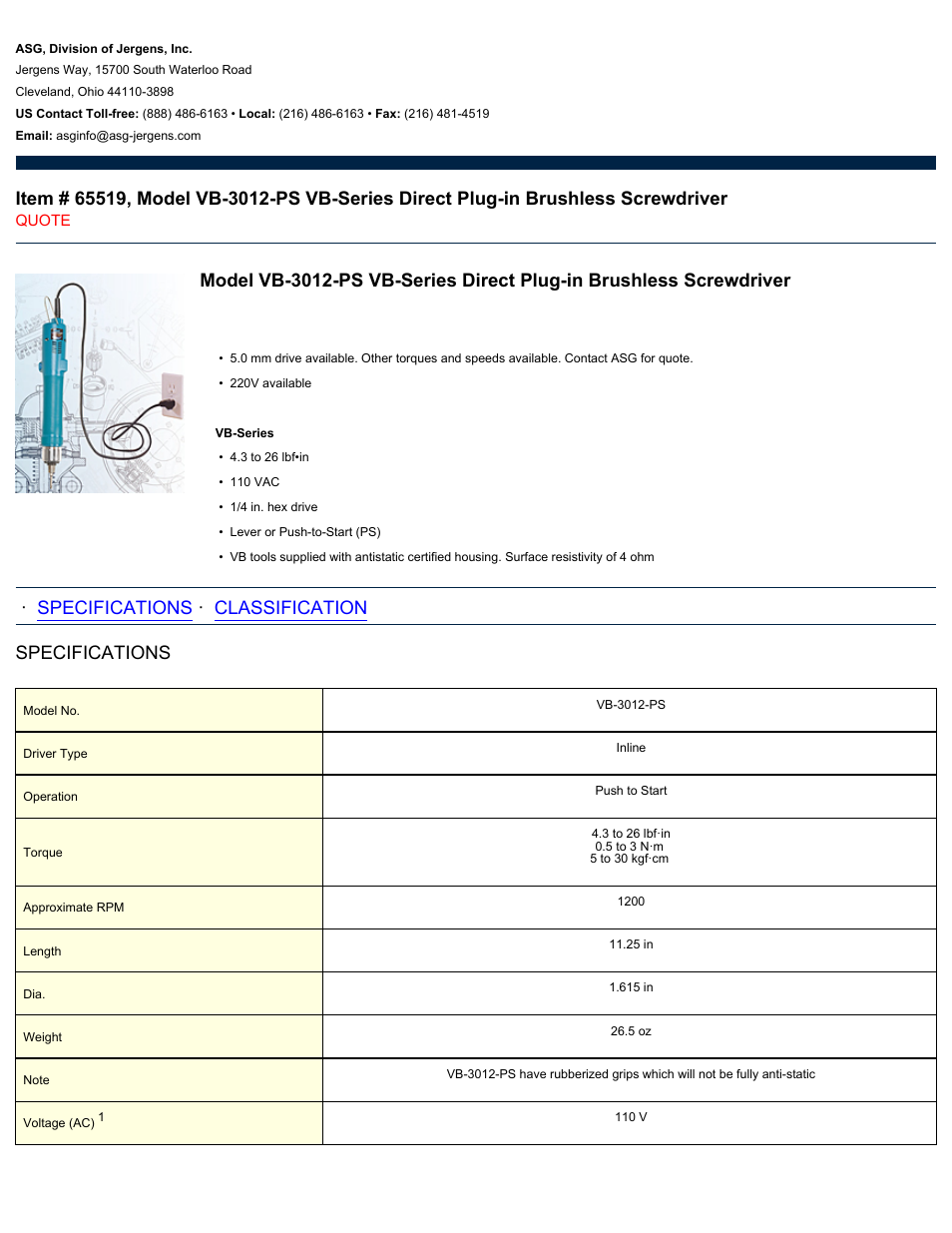 ASG Jergens 65519 VB-3012-PS User Manual | 2 pages