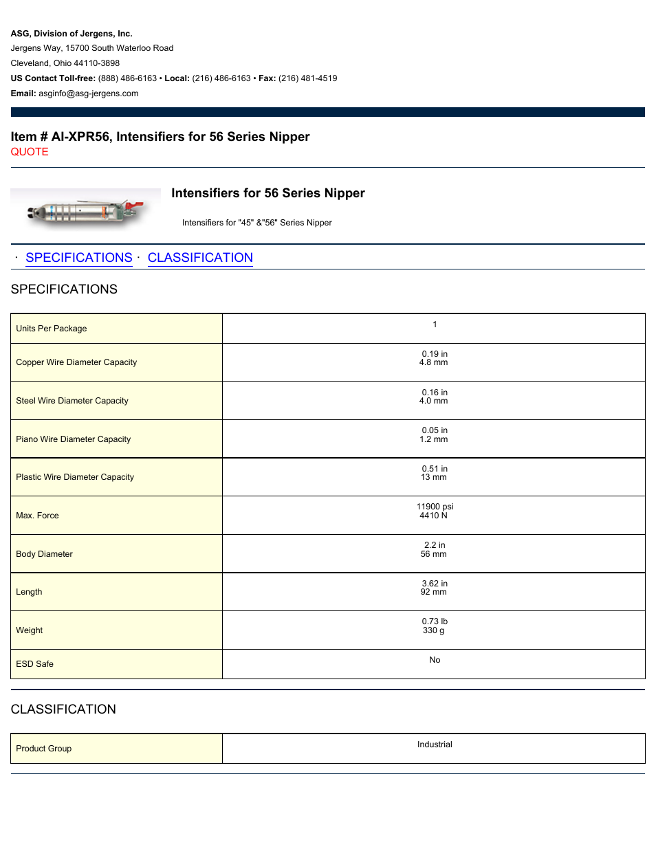 ASG Jergens AI-XPR56 Intensifiers for 56 Series Nipper User Manual | 1 page