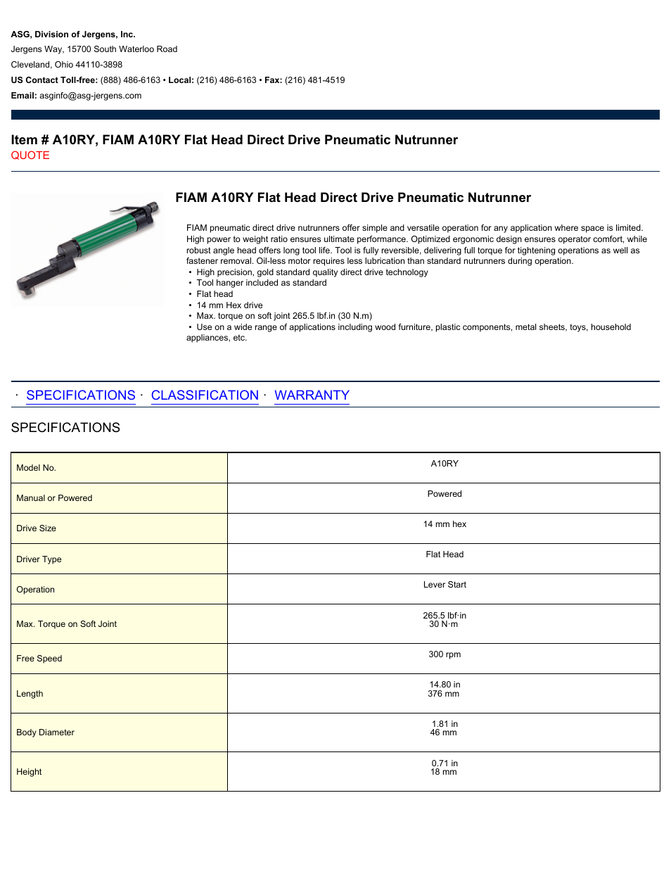 ASG Jergens A10RY User Manual | 2 pages
