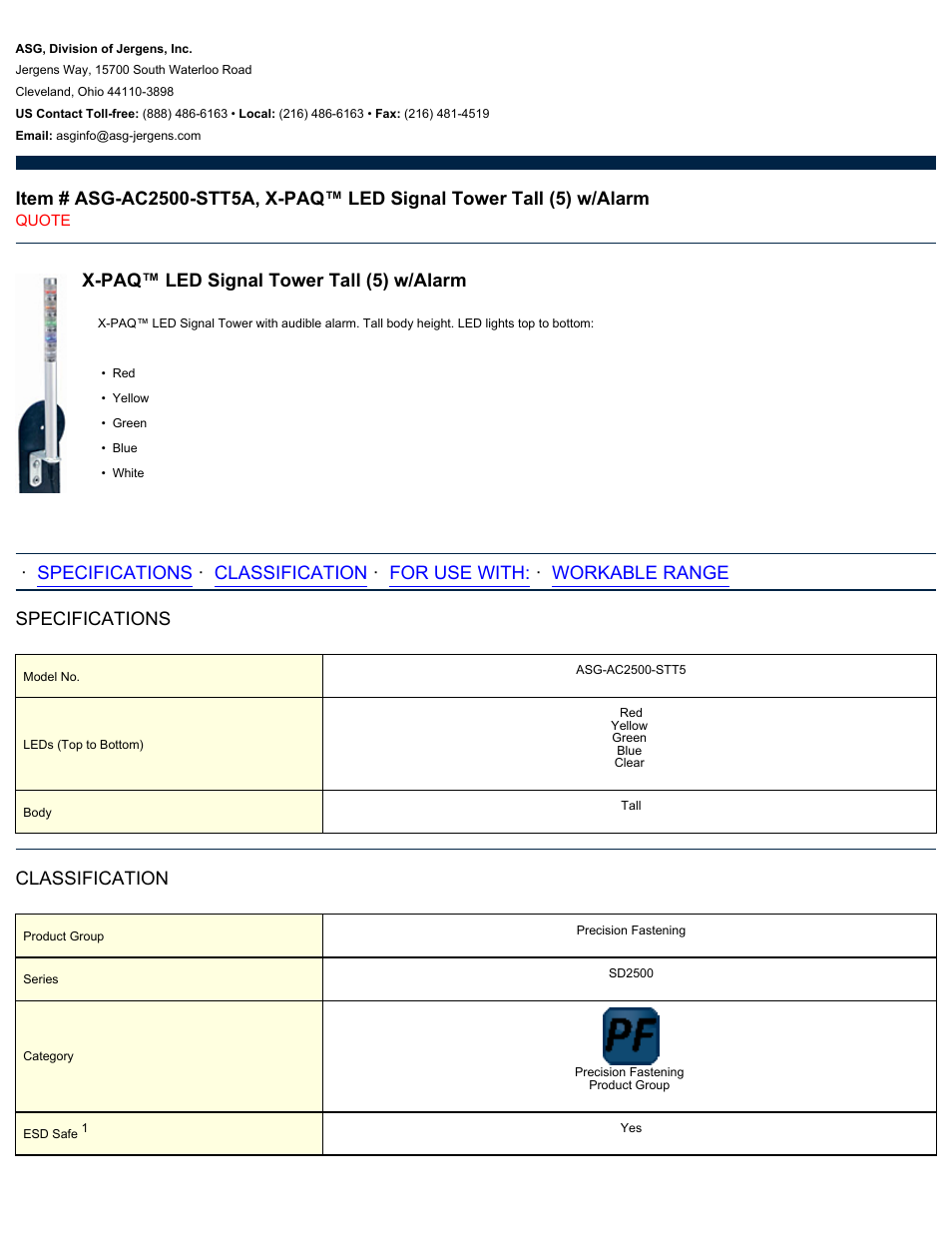 ASG Jergens ASG-AC2500-STT5A LED Signal Tower Tall User Manual | 2 pages