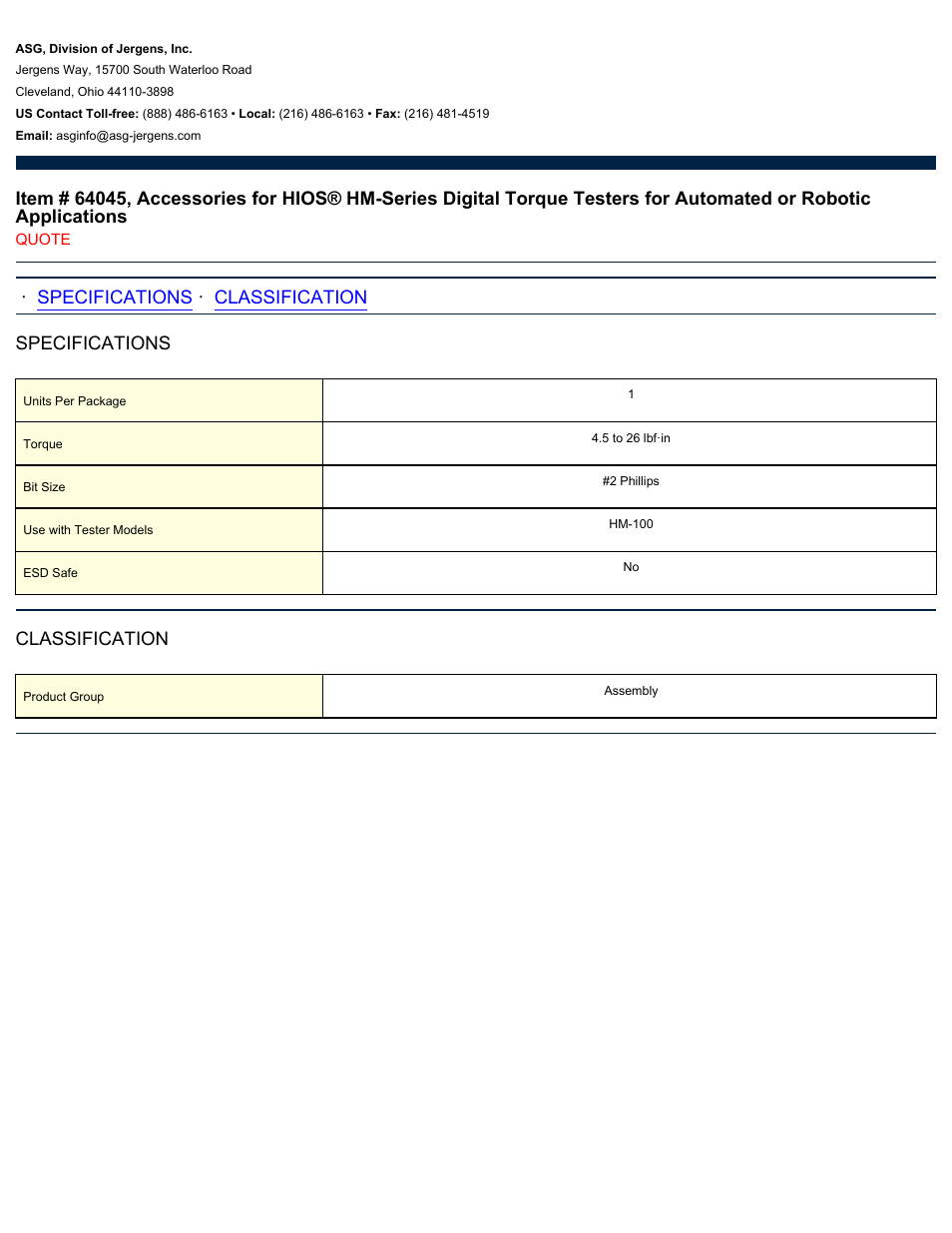 ASG Jergens 64045 Accessories for HIOS HM-Series User Manual | 1 page