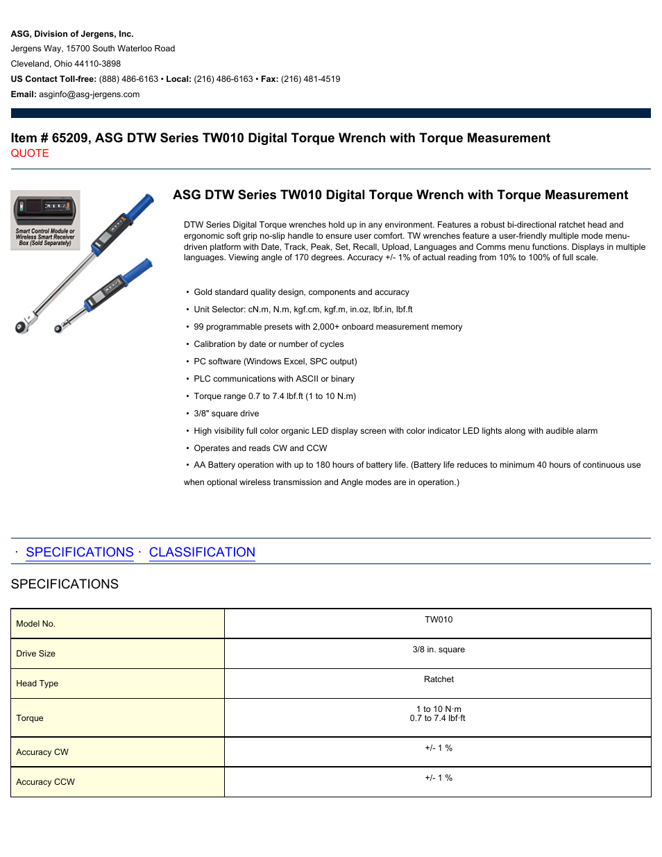 ASG Jergens 65209 TW010 User Manual | 2 pages