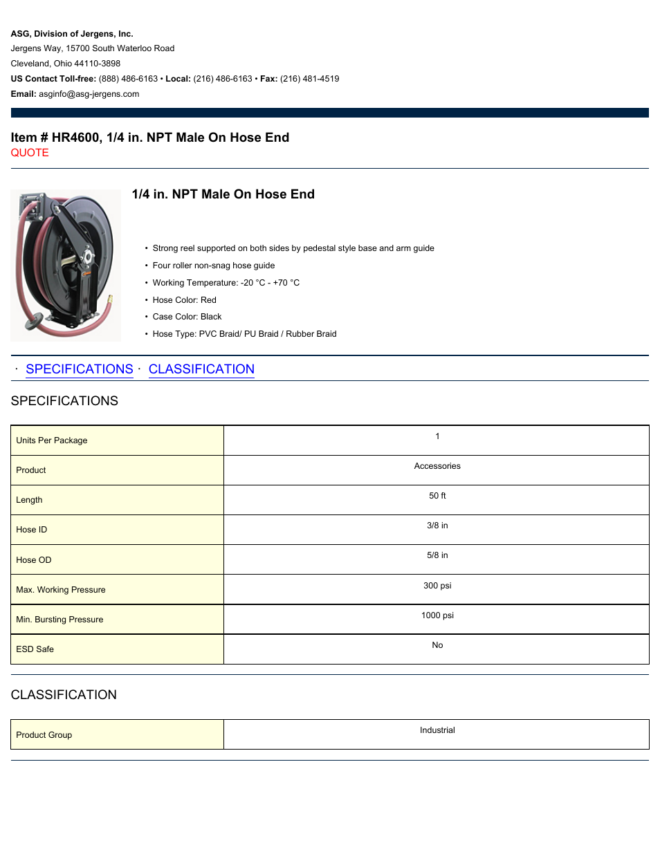 ASG Jergens HR4600 1/4 in. NPT Male On Hose End User Manual | 1 page