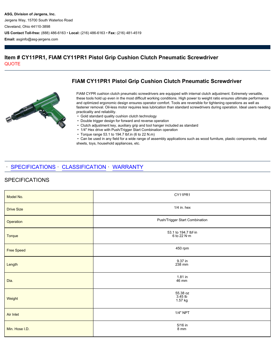 ASG Jergens CY11PR1 User Manual | 2 pages