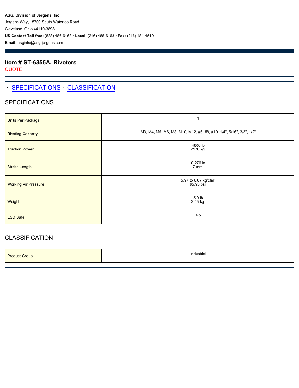 ASG Jergens ST-6355A Riveter User Manual | 1 page