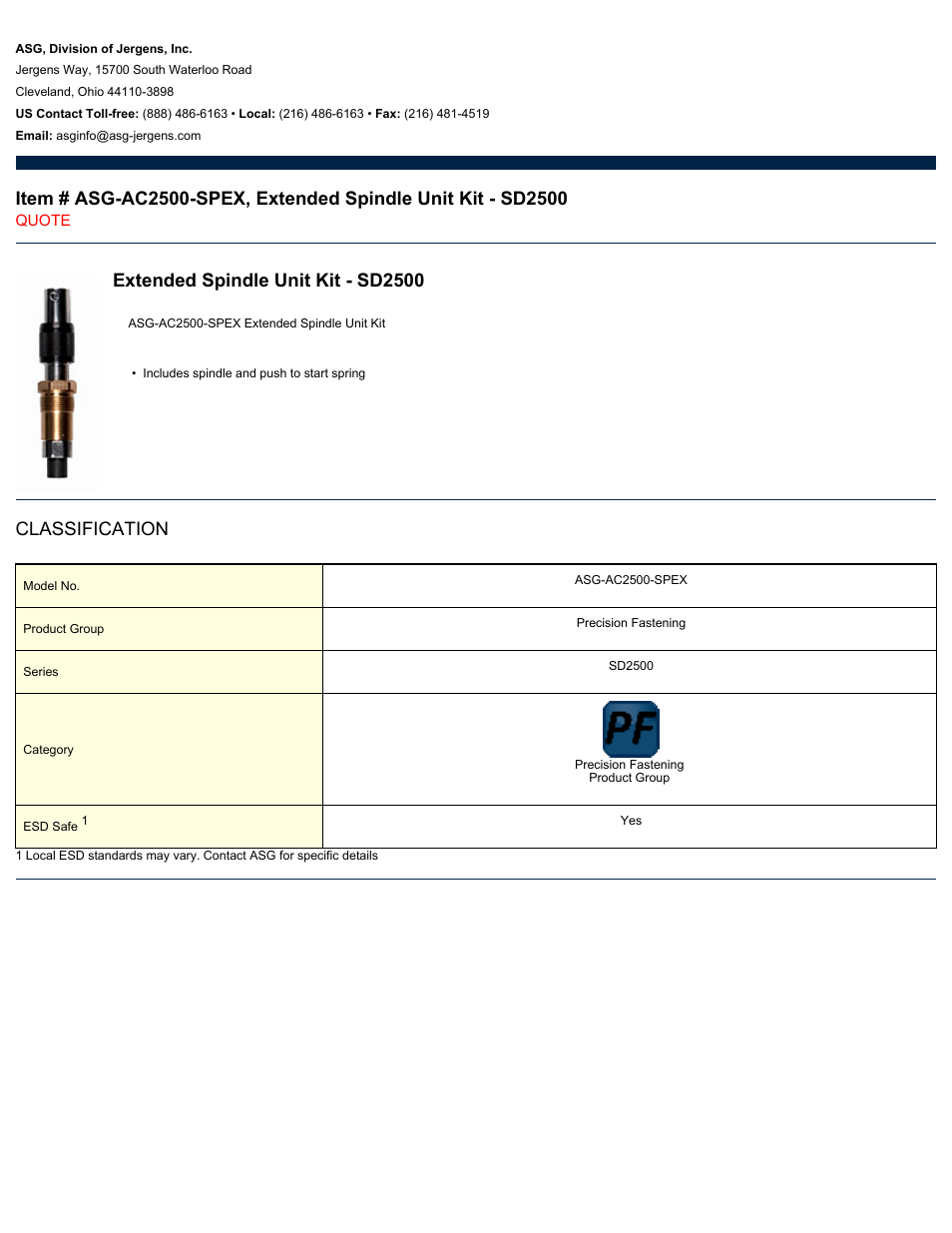 ASG Jergens ASG-AC2500-SPEX Extended Spindle Unit Kit - SD2500 User Manual | 1 page