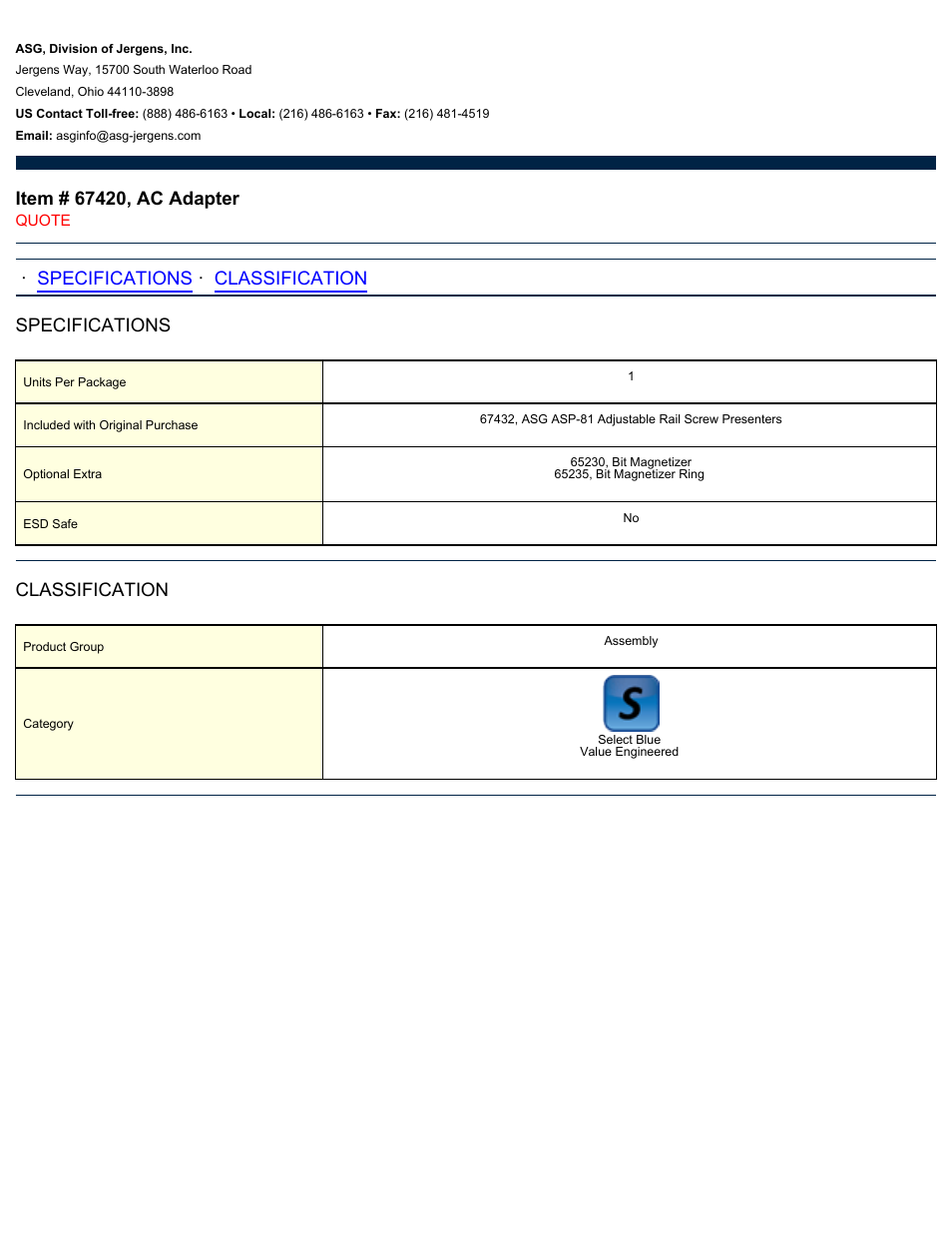 ASG Jergens 67420 AC Adapter User Manual | 1 page