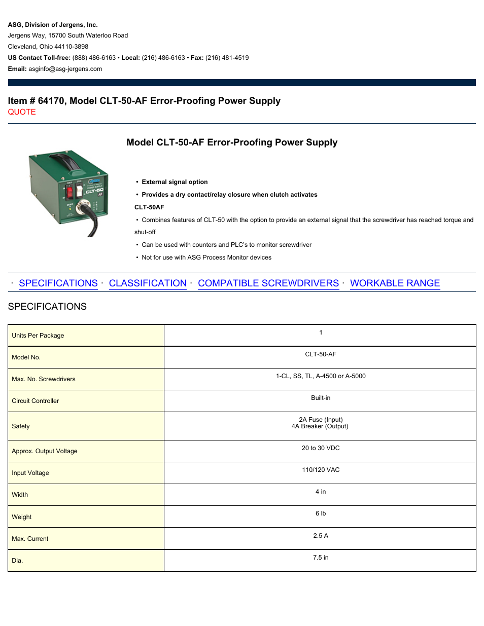 ASG Jergens 64170 CLT-50-AF Error-Proofing Power Supply User Manual | 2 pages