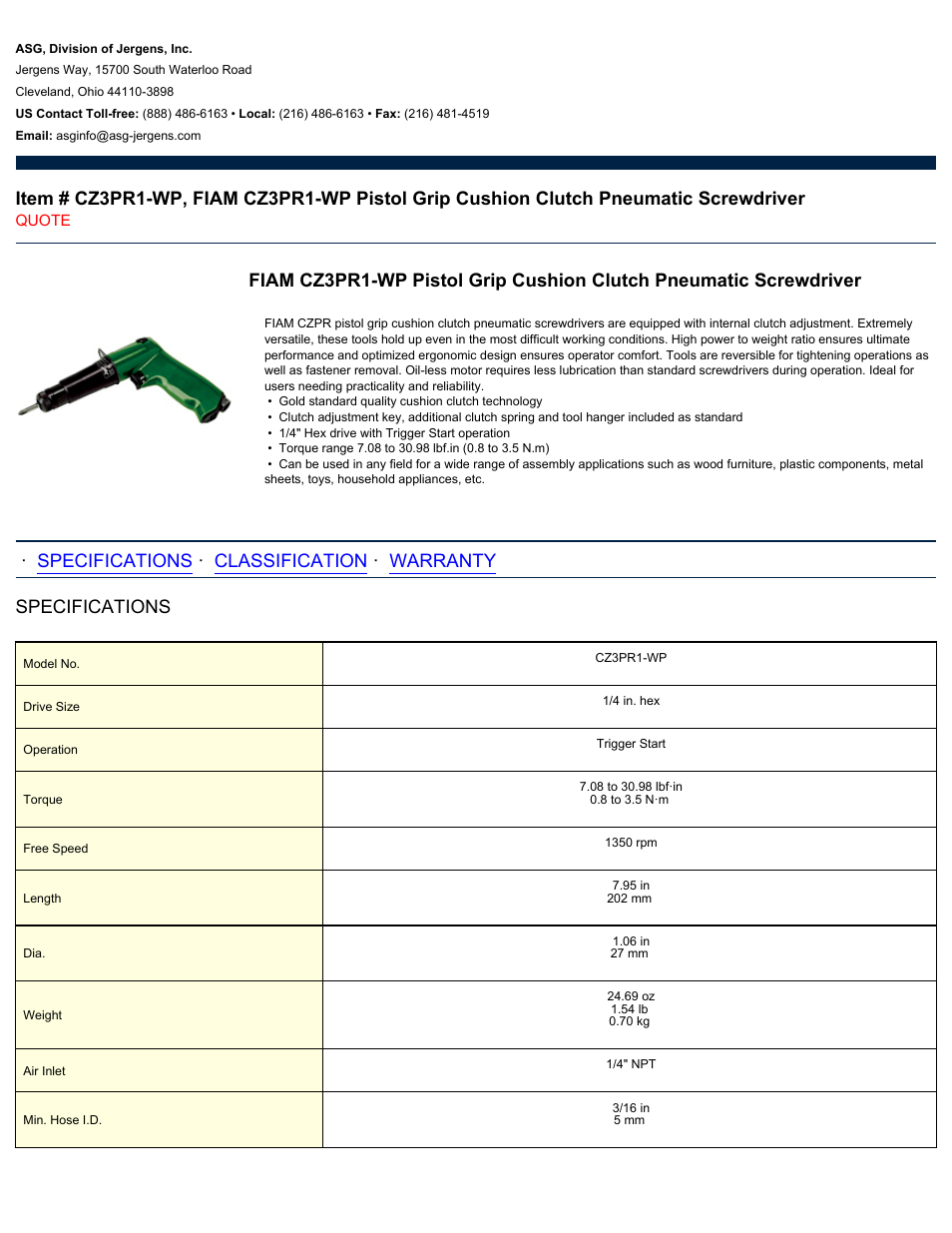 ASG Jergens CZ3PR1-WP User Manual | 2 pages