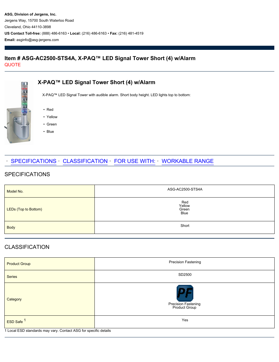 ASG Jergens ASG-AC2500-STS4A LED Signal Tower Short User Manual | 2 pages