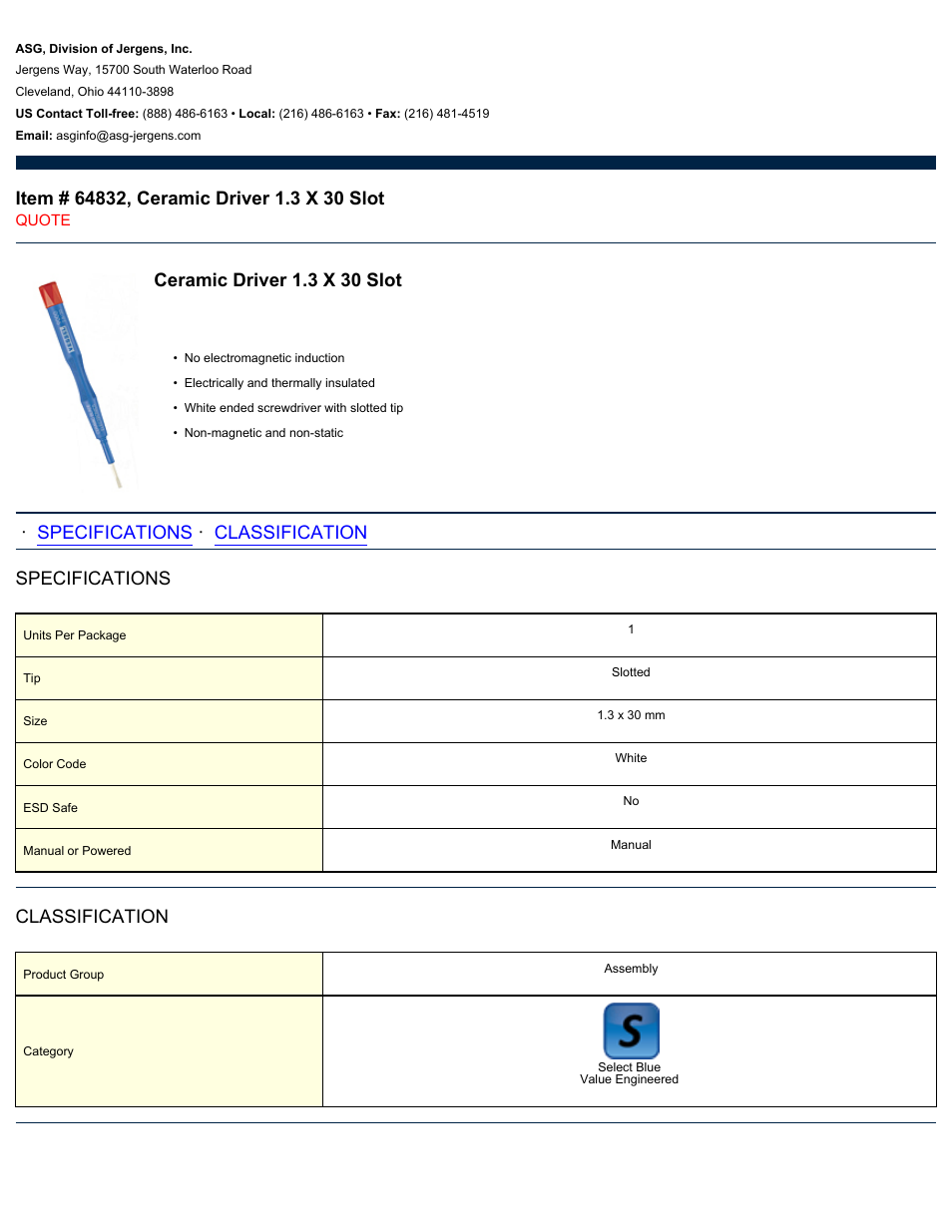 ASG Jergens 64832 Ceramic Driver 1.3 X 30 Slot User Manual | 1 page