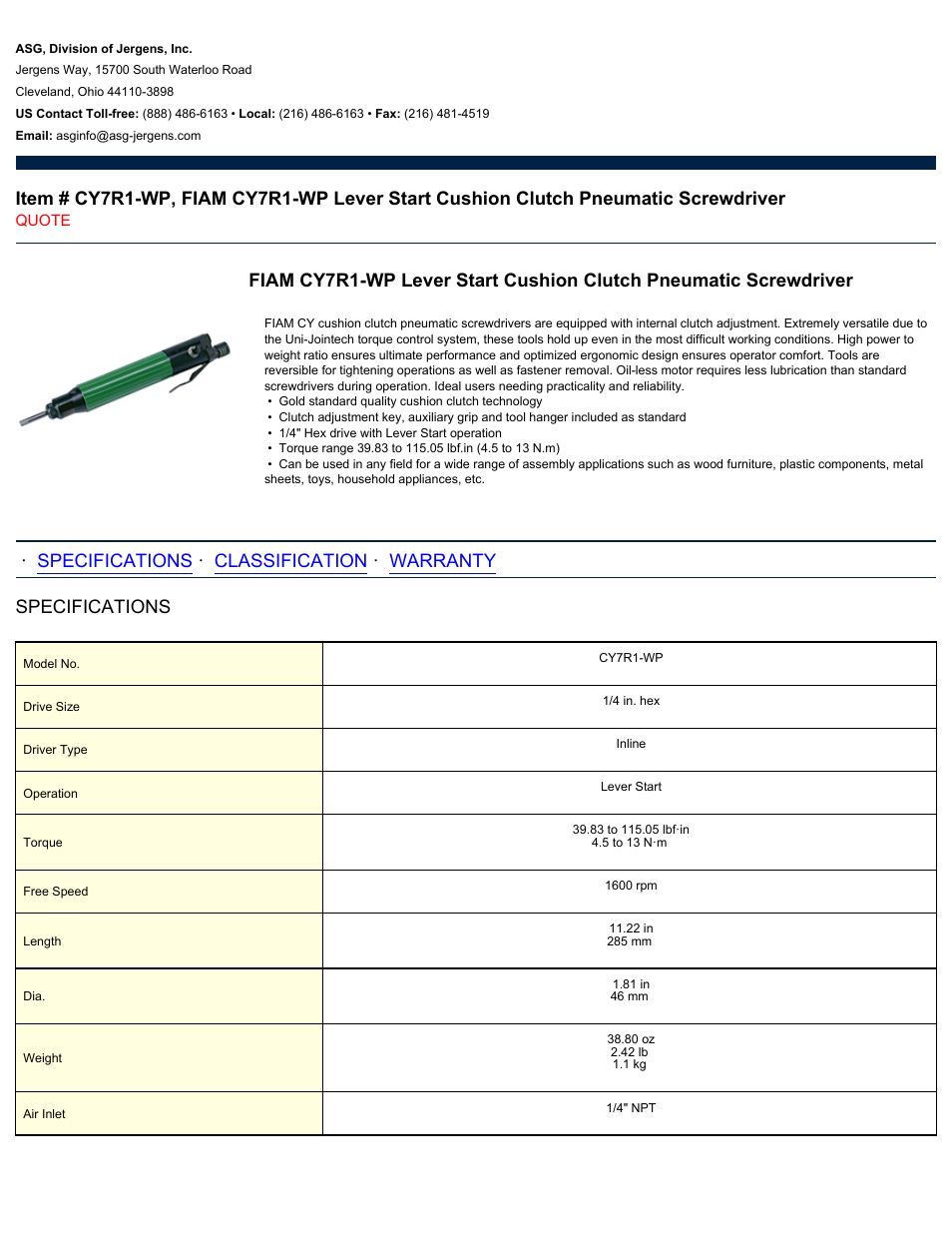 ASG Jergens CY7R1-WP User Manual | 2 pages