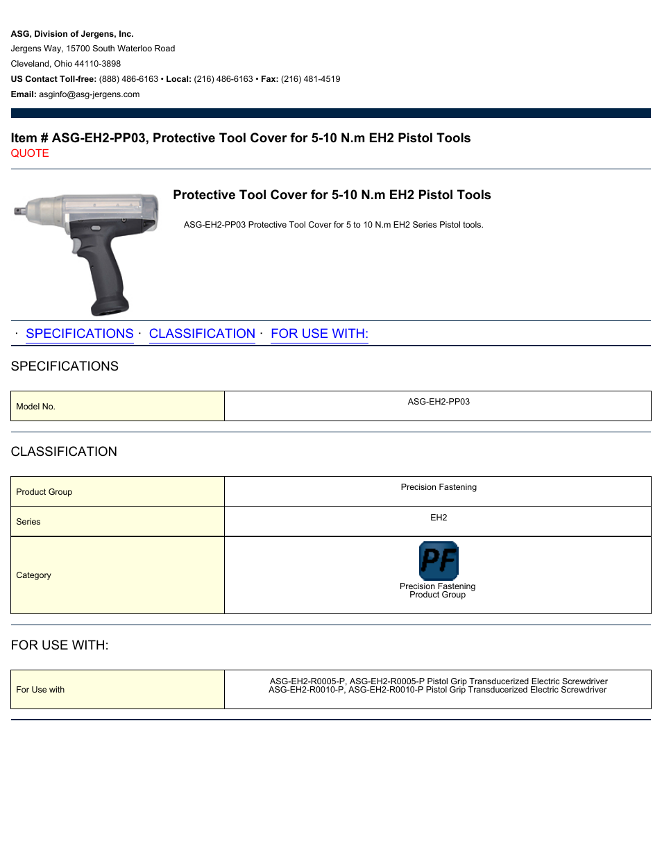 ASG Jergens ASG-EH2-PP03 Protective Tool Cover User Manual | 1 page
