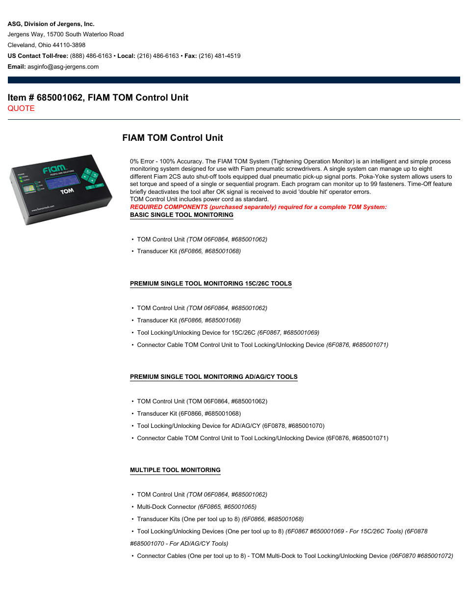 ASG Jergens 685001062 FIAM TOM Control Unit User Manual | 4 pages