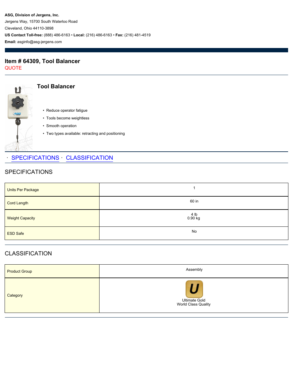 ASG Jergens 64309 Tool Balancer User Manual | 1 page