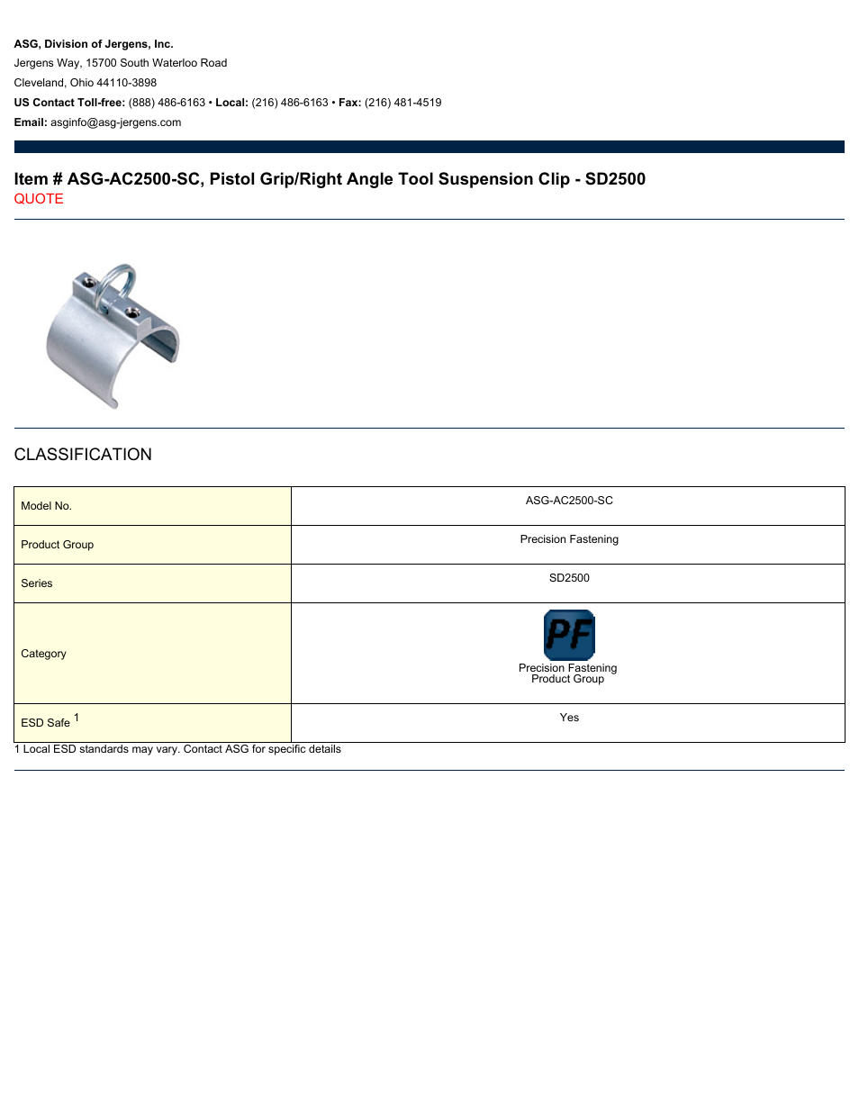 ASG Jergens ASG-AC2500-SC Pistol Grip/Right Angle Tool Suspension Clip - SD2500 User Manual | 1 page