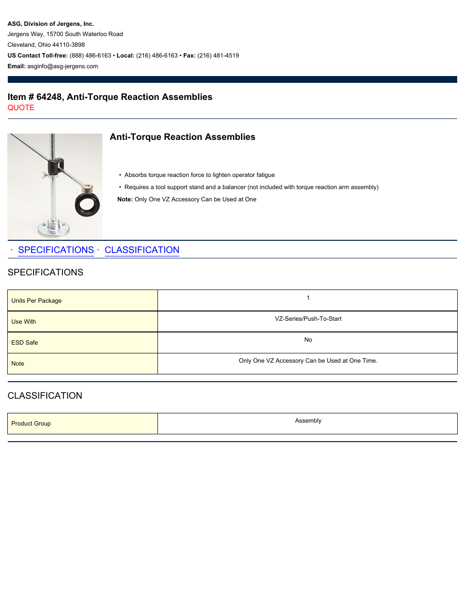 ASG Jergens 64248 Anti-Torque Reaction Assemblies User Manual | 1 page
