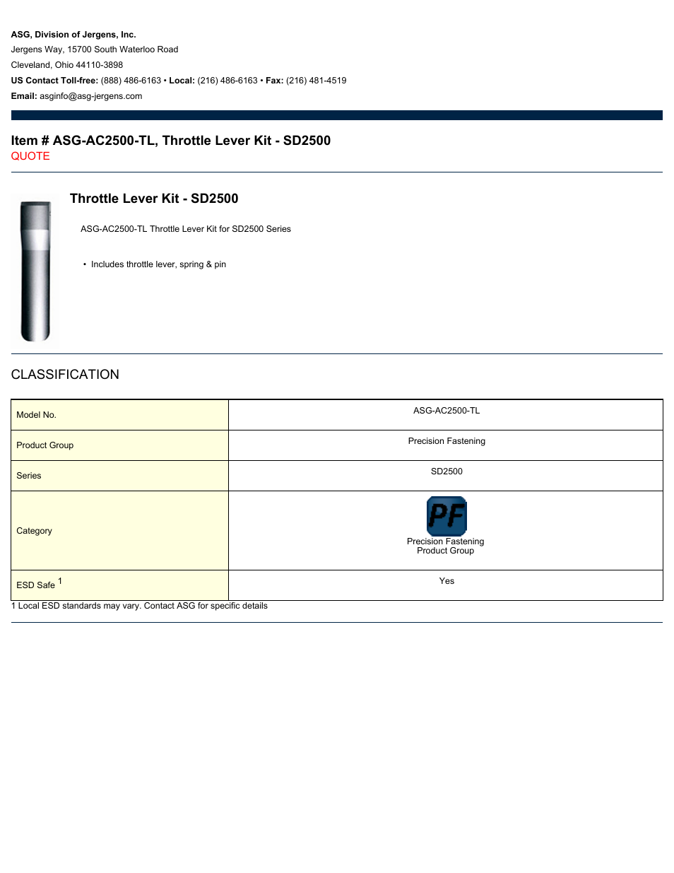 ASG Jergens ASG-AC2500-TL Throttle Lever Kit - SD2500 User Manual | 1 page