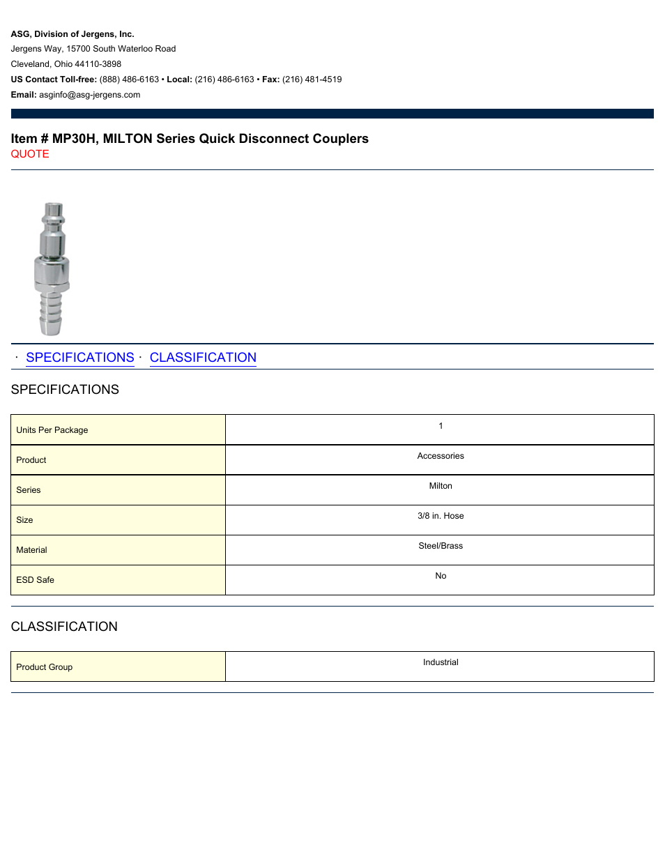 ASG Jergens MP30H MILTON Series Quick Disconnect Couplers User Manual | 1 page