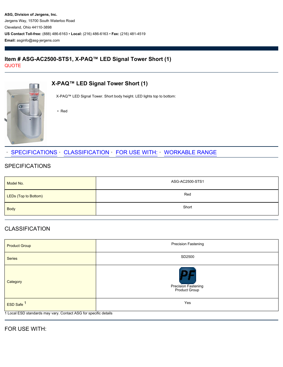 ASG Jergens ASG-AC2500-STS1 LED Signal Tower Short User Manual | 2 pages