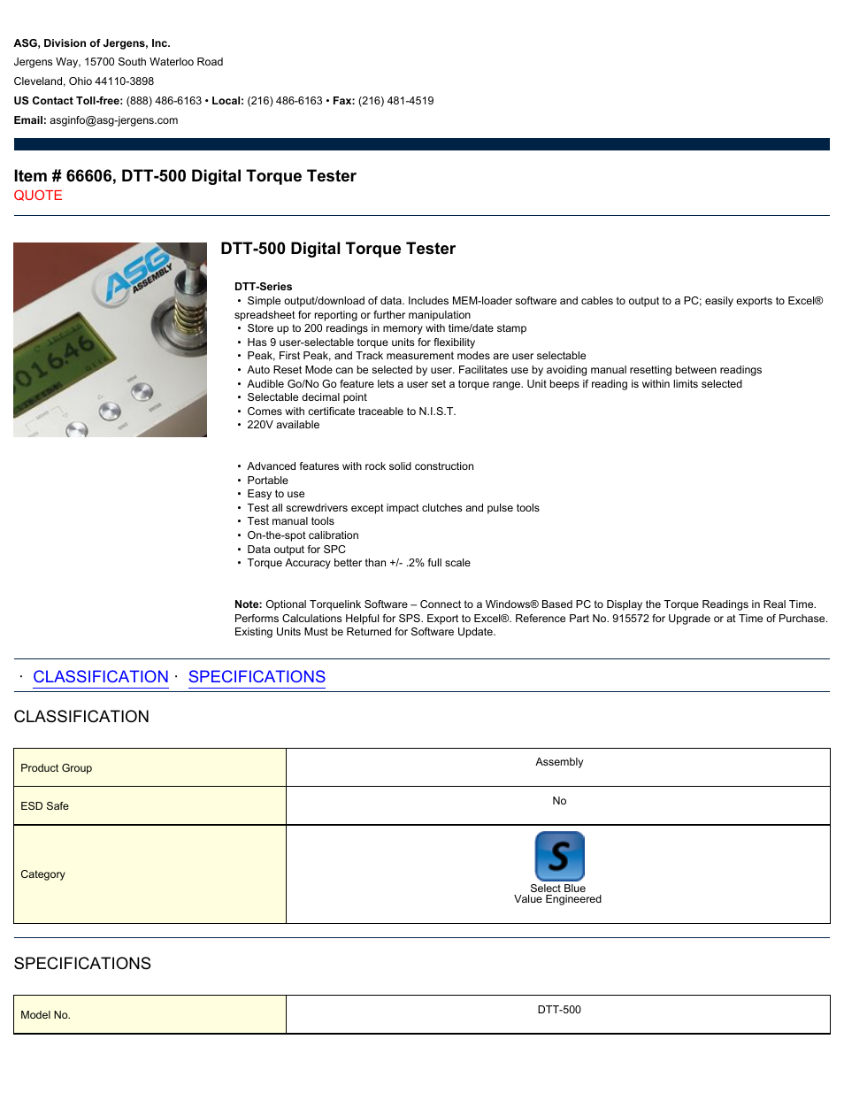 ASG Jergens 66606 DTT-500 User Manual | 2 pages