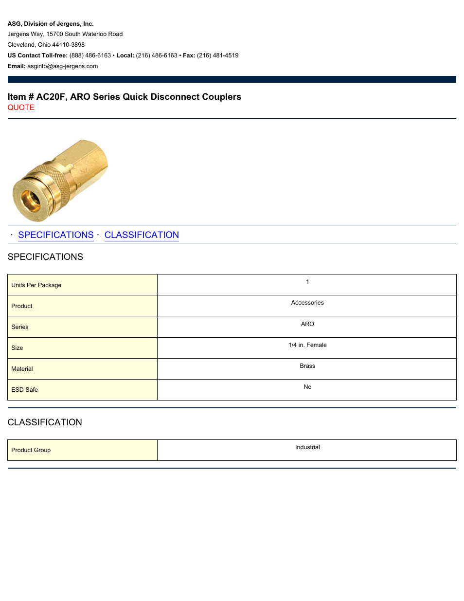 ASG Jergens AC20F ARO Series Quick Disconnect Couplers User Manual | 1 page