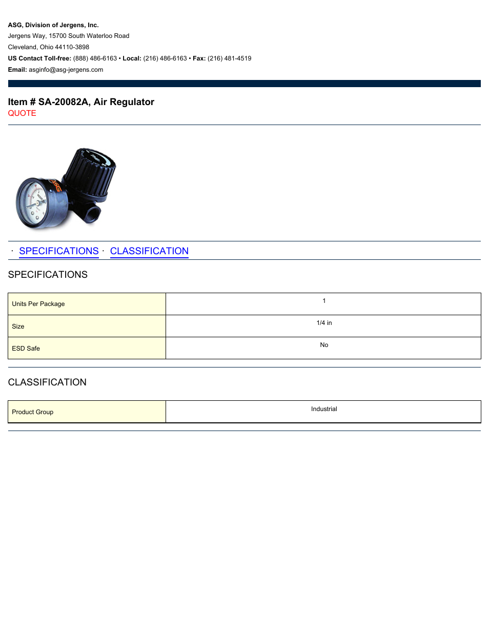 ASG Jergens SA-20082A Air Regulator User Manual | 1 page