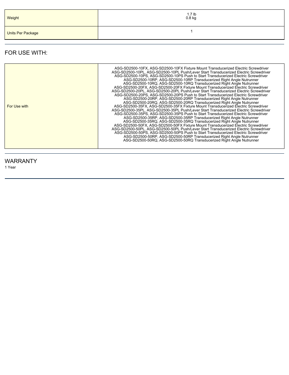 For use with, Warranty | ASG Jergens ASG-CB2500-10ESD Tool Cable User Manual | Page 2 / 2