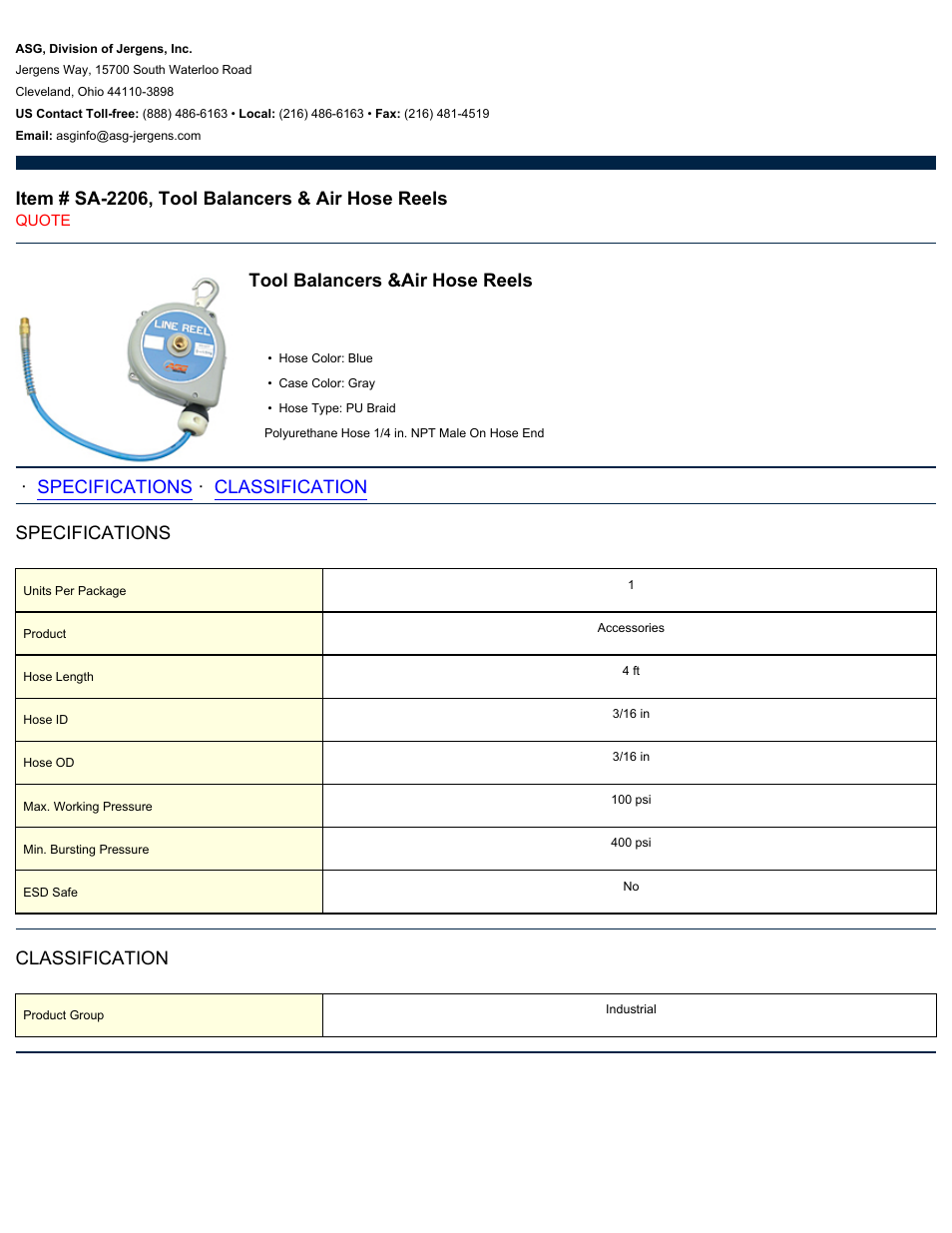 ASG Jergens SA-2206 Tool Balancers & Air Hose Reels User Manual | 1 page