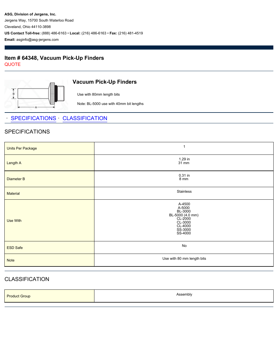 ASG Jergens 64348 Vacuum Pick-Up Finders User Manual | 1 page