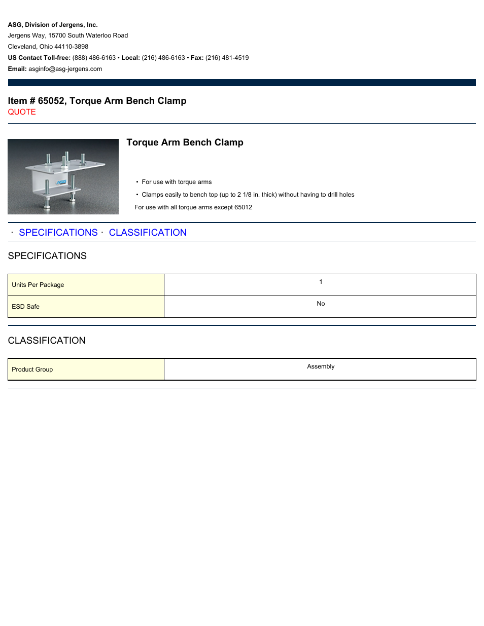 ASG Jergens 65052 Torque Arm Bench Clamp User Manual | 1 page
