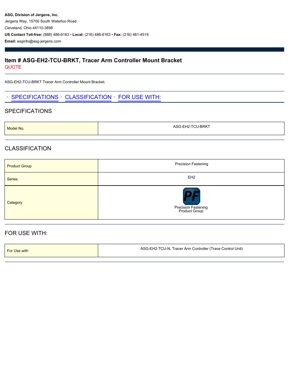 ASG Jergens ASG-EH2-TCU-BRKT Tracer Arm Controller Mount Bracket User Manual | 1 page