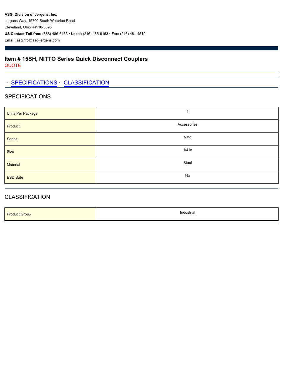 ASG Jergens 15SH NITTO Series Quick Disconnect Couplers User Manual | 1 page