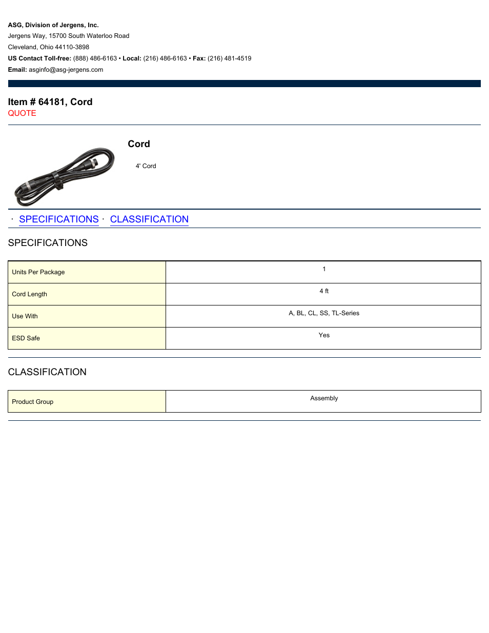 ASG Jergens 64181 Cord User Manual | 1 page